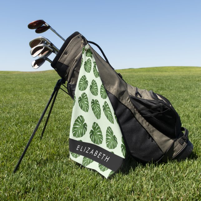 Serviette De Golf Feuilles de palme, Motif tropical, Votre nom (Vert)