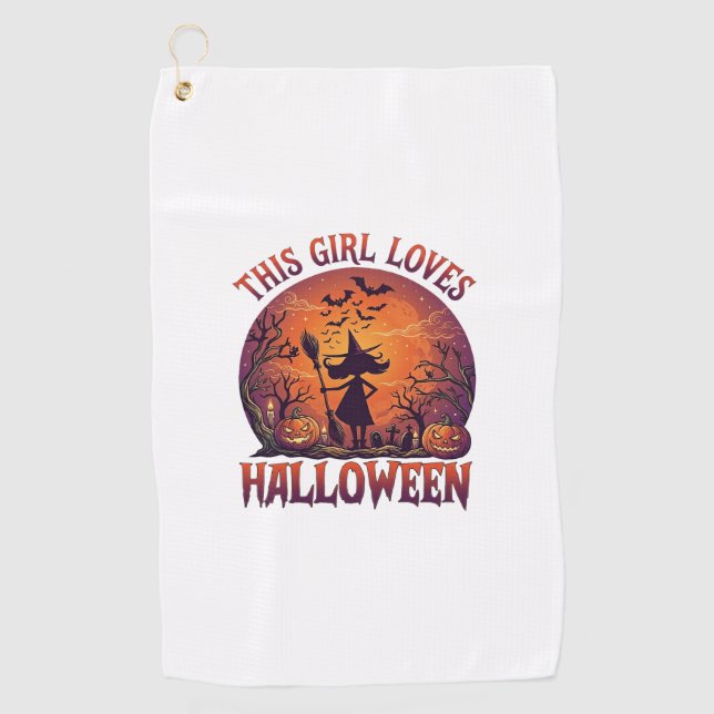 Serviette De Golf Fille aime Halloween Sorcière Citrouilles Chauves- (Devant)