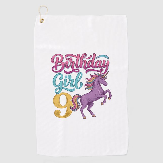Serviette De Golf Fille d'anniversaire 9 Licorne Dessin de gravure v (Devant)