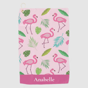 Serviette De Golf Flamingo rose et feuilles tropicaux personnalisés