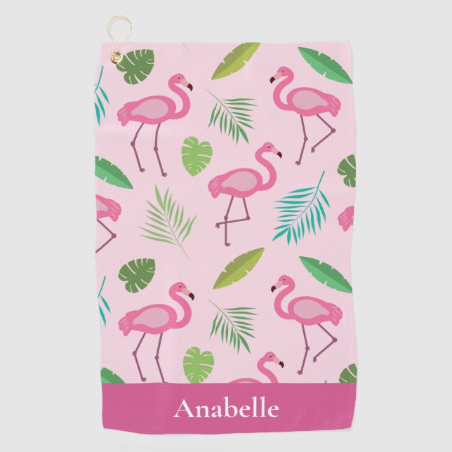 Serviette De Golf Flamingo rose et feuilles tropicaux personnalisés (Devant)