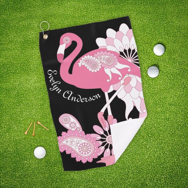 Serviette De Golf Flamingo Rose Tropical Oiseau Noir Moderne Fantais (Créateur téléchargé)