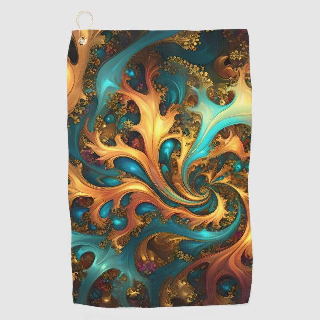 Serviette De Golf Flammes Abstraites or Turquoise orange, (Devant)