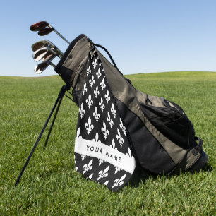 Serviette De Golf Fleur de Lis, Blanc sur Noir, Blanc, Votre Nom