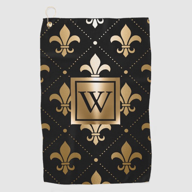 Serviette De Golf Fleur de lis noir et or (Devant)