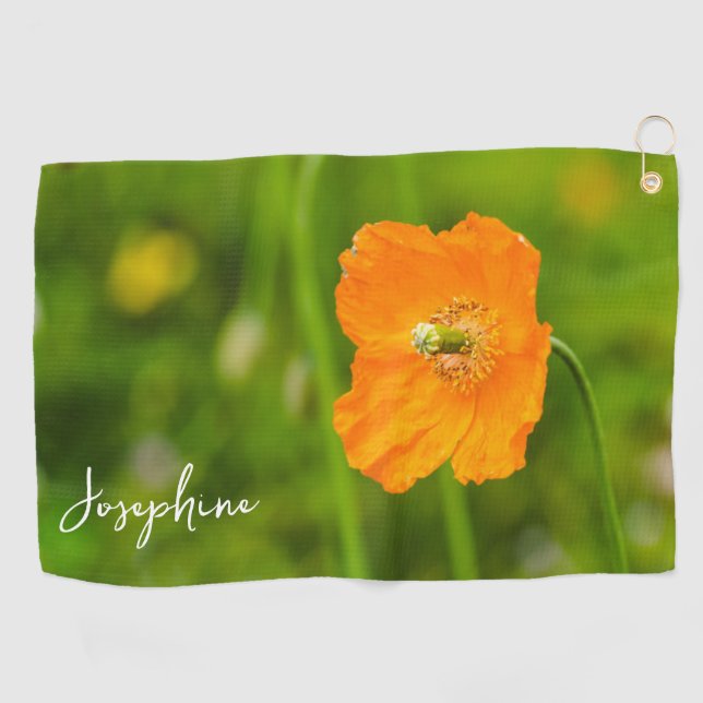 Serviette De Golf Fleur De Pavot Orange Photo Vert Avec Nom (Horizontal)