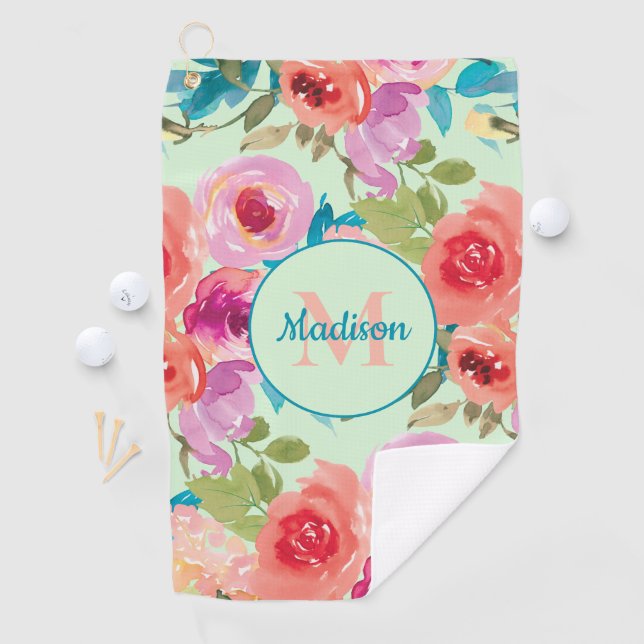 Serviette De Golf Fleurs aquarelles rose violet feuilles de thé vert (En situation)