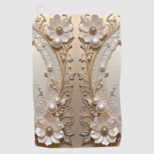 Serviette de golf Fleurs blanches modernes Perles (Devant)
