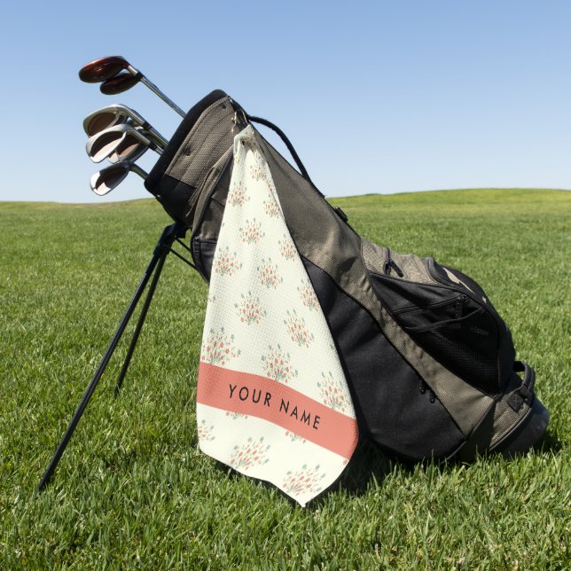 Serviette De Golf Fleurs bleues et rouges, rouge, Votre nom (Vert)