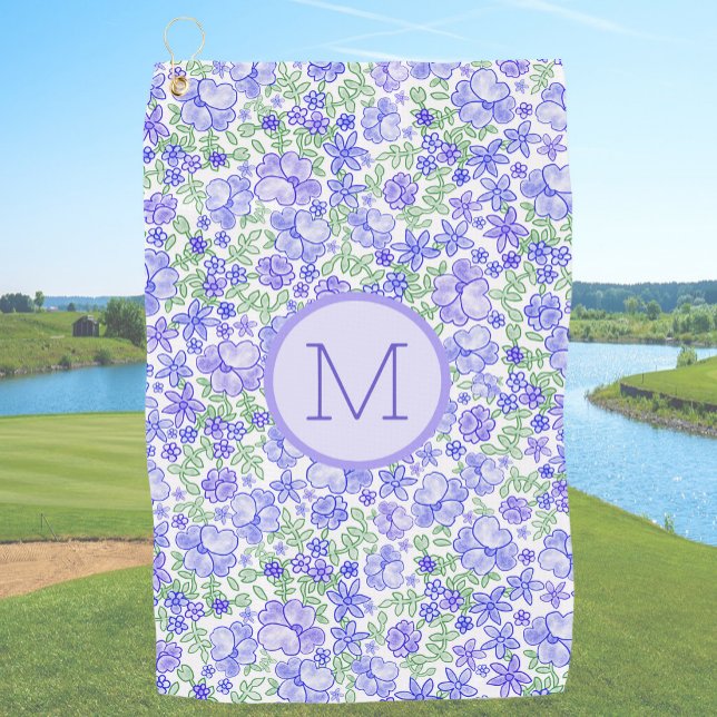 Serviette De Golf Fleurs Bleues Prépa Initial Personnalisé Dames (Créateur téléchargé)