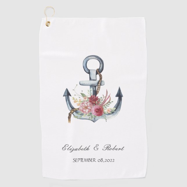Serviette De Golf Fleurs d'ancre à l'aquarelle nautique  (Devant)