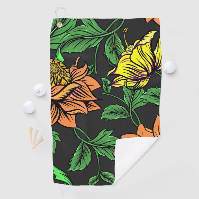 Serviette De Golf Fleurs éclatantes jaillissant d'un fond noir (En situation)
