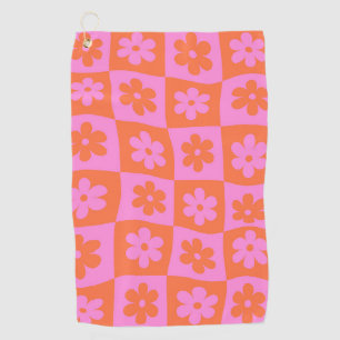 Serviette De Golf Fleurs Rétro à Carreaux Déformés Rose Orange