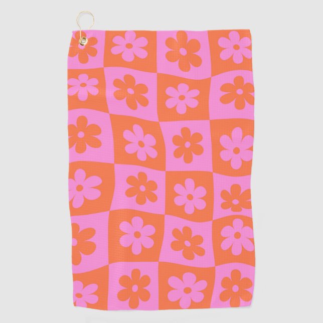 Serviette De Golf Fleurs Rétro à Carreaux Déformés Rose Orange  (Devant)