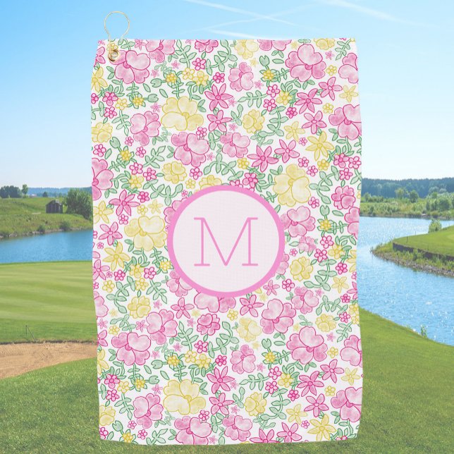 Serviette De Golf Fleurs Rose Jaune Prépa Initial Personnalisé Dames (Créateur téléchargé)