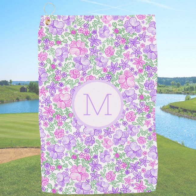 Serviette De Golf Fleurs Rose Violet Prépa Initial Personnalisé Dame (Créateur téléchargé)