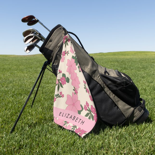 Serviette De Golf Fleurs Roses, Motif De Fleurs, Votre Nom (Vert)