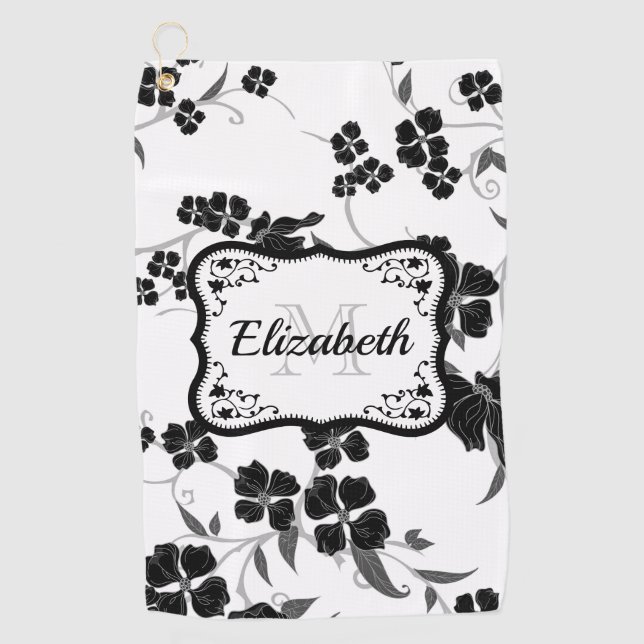 Serviette De Golf Floral noir et blanc (Devant)