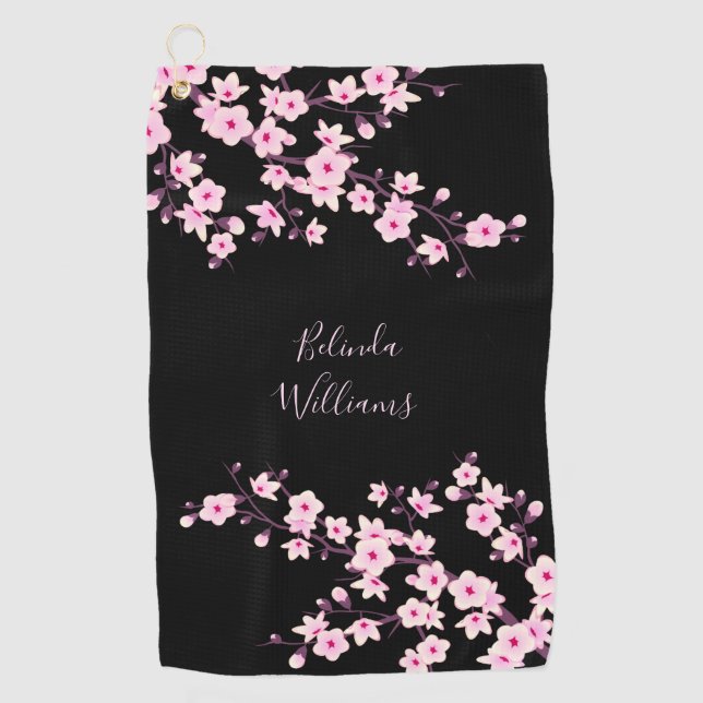 Serviette De Golf Floral Pink Black Cherry Blossom Monogram (Devant)