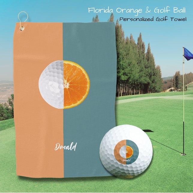 Serviette De Golf Florida Orange et Golf Ball (Personalized Golf towel with contrasting colors, half golf ball & half Florida Orange! Perfect gift!)