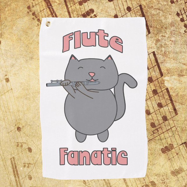 Serviette De Golf Flûte Fantic Musical Chat Gris Rose (A golf towel featuring a gray cat playing the flute with the words flute fanatic in pink.)