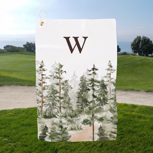 Serviette De Golf Forêt Verte Rustique Monogramme Aquarelle (In situ)