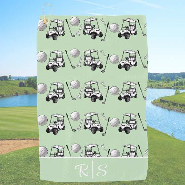 Serviette De Golf Fun Green Golf Balls Cute Cart Custom Monogram (Créateur téléchargé)