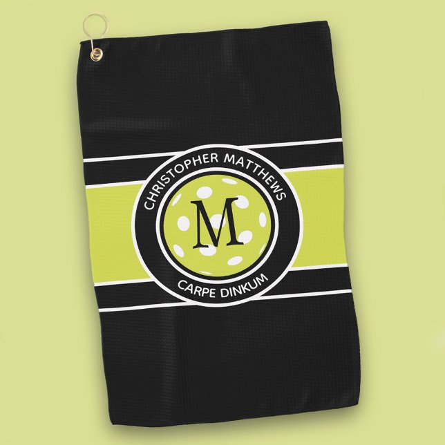Serviette De Golf Fun Pickleball Funny Nom du devis initial Noir (Pickleball Funny Custom Quote Name Initial Black Golf Towel)