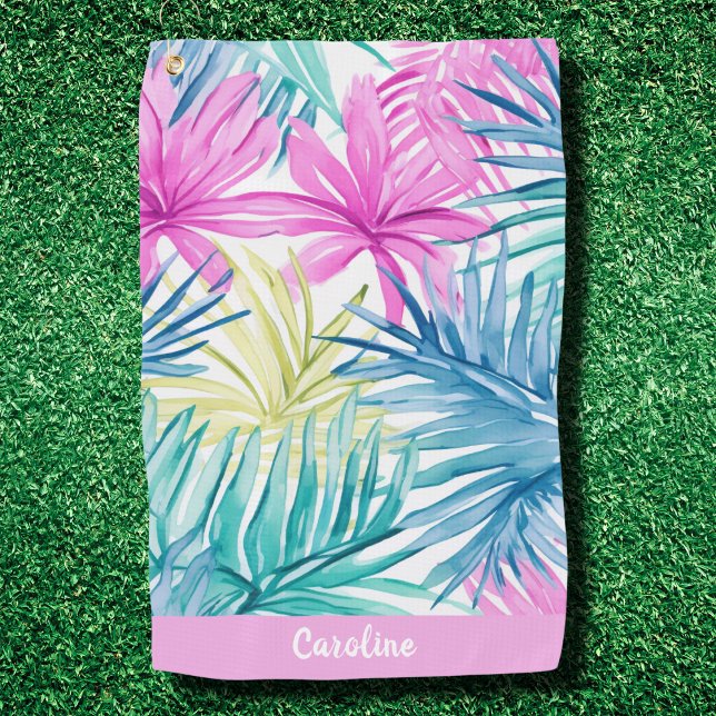Serviette De Golf Fun Preppy Monogramme Tropical Leave Motif rose (Créateur téléchargé)