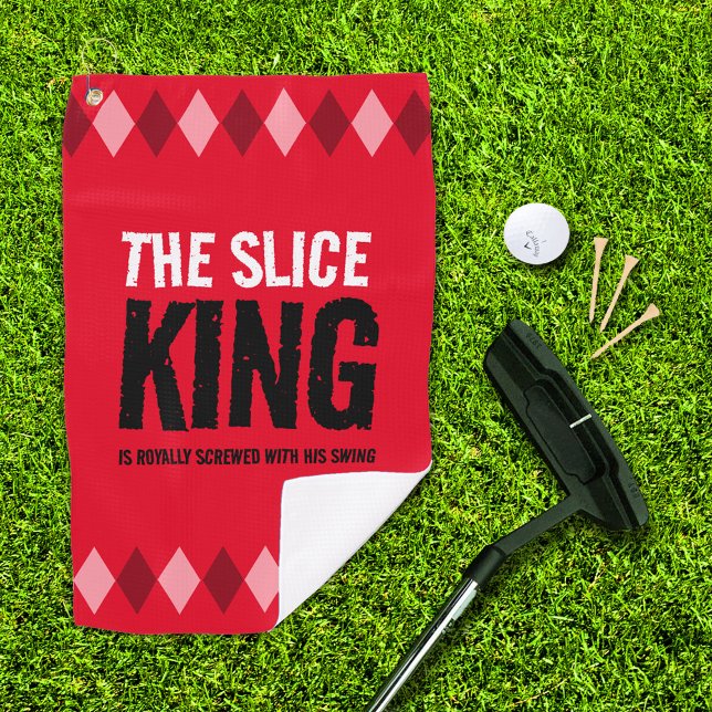 Serviette De Golf Funny Jacquard Rouge Le Roi de Tranches ... (The Slice King red argyle golf towel with putter, ball, and 3 tees on golf green)