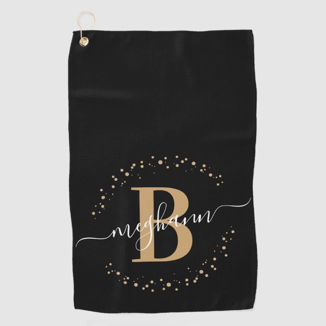 Serviette De Golf Girly Elegant Black Gold Nom Monogramme Script (Devant)