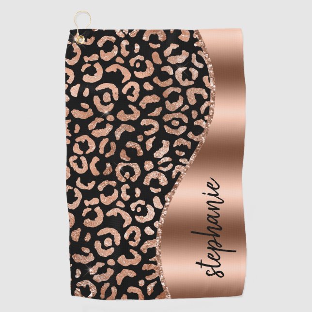 Serviette De Golf Glam Faux Foil Leopard Spots Rose Gold Black Name (Devant)