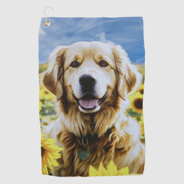 Serviette De Golf Golden Retriever dans un champ de tournesol (Devant)