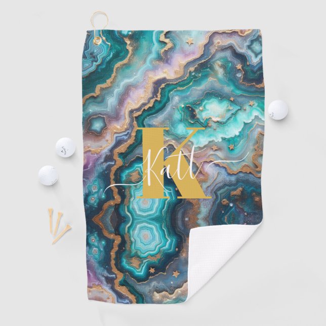 Serviette De Golf Golden Turquoise Aqua Agate Personnalisé Monogramm (En situation)