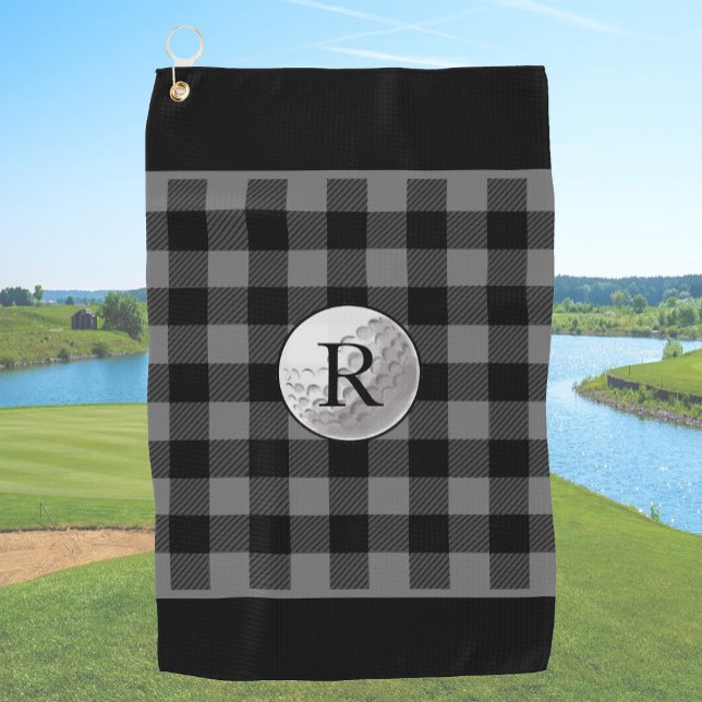 Serviette De Golf Golf ball monogrammed grey buffalo plaid custom (Créateur téléchargé)