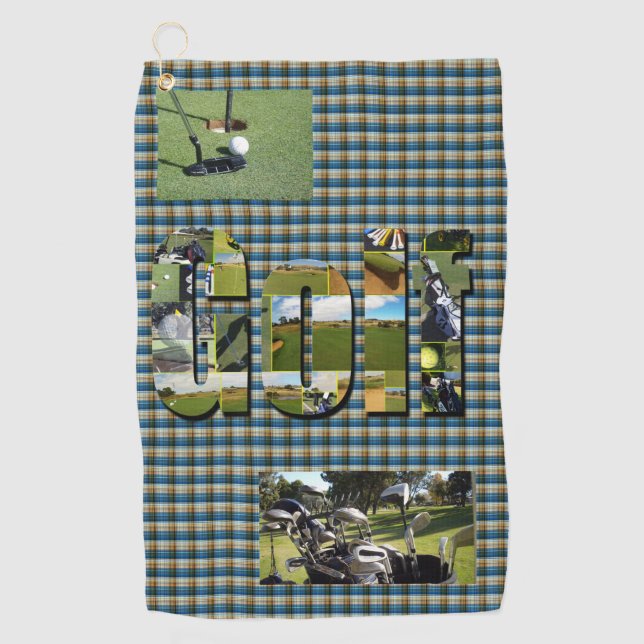 Serviette De Golf Golf Design On Green Tartan, (Devant)