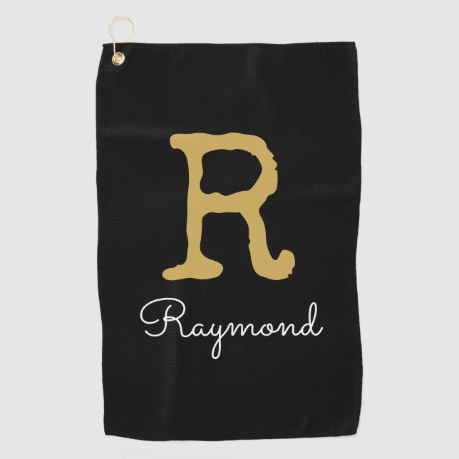 Serviette De Golf Golf Gold Monogramme initial et nom en noir  (Devant)