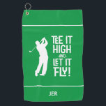 Serviette De Golf Golf Golf Funny Sports Personnalisés Monogramme Ve<br><div class="desc">Citation de golfeur mignonne "Tee It High & Let it Fly!" design avec une police amusante du milieu du siècle en blanc sur un solide arrière - plan vert kelley combiné avec une silhouette de golfeur masculine également en blanc. Personnaliser avec des initiales monogrammées, nom ou texte court avec le...</div>