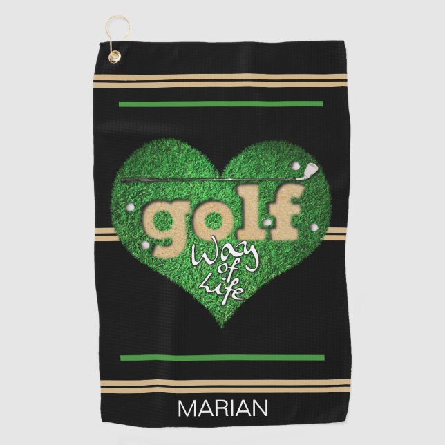 Serviette De Golf GOLF Personnalisé Mode de vie Noir/Vert/moutarde (Devant)