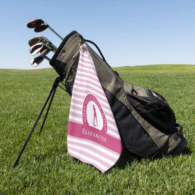 Serviette De Golf Golfer Femme Golf Silhouette Monogramme Nom Rose (Vert)