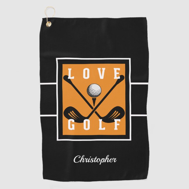 Serviette De Golf Golfer Fun Golf Lover Nom Modèle Black & Orange (Devant)