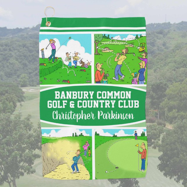 Serviette De Golf Golfer & Golf Club Nom avec 4 caricatures amusante (Créateur téléchargé)