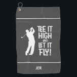 Serviette De Golf Golfer Golf Humour Funny Sports Monogrammed Grey<br><div class="desc">Citation de golfeur mignonne "Tee It High & Let it Fly!" design avec une police amusante du milieu du siècle en blanc sur un solide arrière - plan gris foncé combiné à une silhouette de golfeur masculine également en blanc. Personnaliser avec des initiales monogrammées, nom ou texte court avec le...</div>