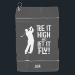 Serviette De Golf Golfer Golf Humour Funny Sports Monogrammed Grey<br><div class="desc">Citation de golfeur mignonne "Tee It High & Let it Fly!" design avec une police amusante du milieu du siècle en blanc sur un solide arrière - plan gris foncé combiné à une silhouette de golfeur masculine également en blanc. Personnaliser avec des initiales monogrammées, nom ou texte court avec le...</div>