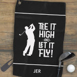 Serviette De Golf Golfer Golf Humour Funny Sports Monogrammed Noir<br><div class="desc">Citation de golfeur mignonne "Tee It High & Let it Fly!" design avec une police amusante du milieu du siècle en blanc sur un arrière - plan bleu royal solide combiné à une silhouette de golfeur masculine également en blanc. Personnaliser avec des initiales monogrammées, nom ou texte court avec le...</div>