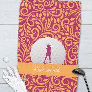 Serviette De Golf Golfer Lady Silhouette rose Orange Girl Personnali