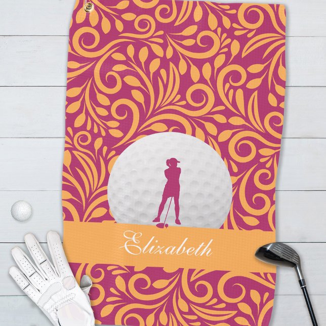 Serviette De Golf Golfer Lady Silhouette rose Orange Girl Personnali (Golfer Lady Silhouette Pink Orange Girly Custom Golf Towel)