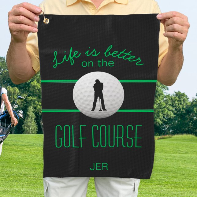Serviette De Golf Golfer Pro Sport moderne Monogramme Noir Vert (Modern Golfer Pro Sports Monogrammed Black Green Golf Towel)