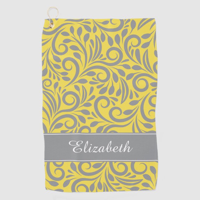 Serviette De Golf Golfeur | Floral abstrait monogrammé jaune gris (Devant)