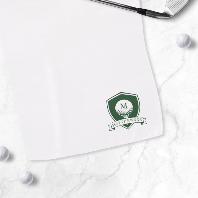 Serviette De Golf Golfeur Moderne Nom Monogramme Vert et Blanc (Modern Golfer Name Green and White Monogram Golf Towel)